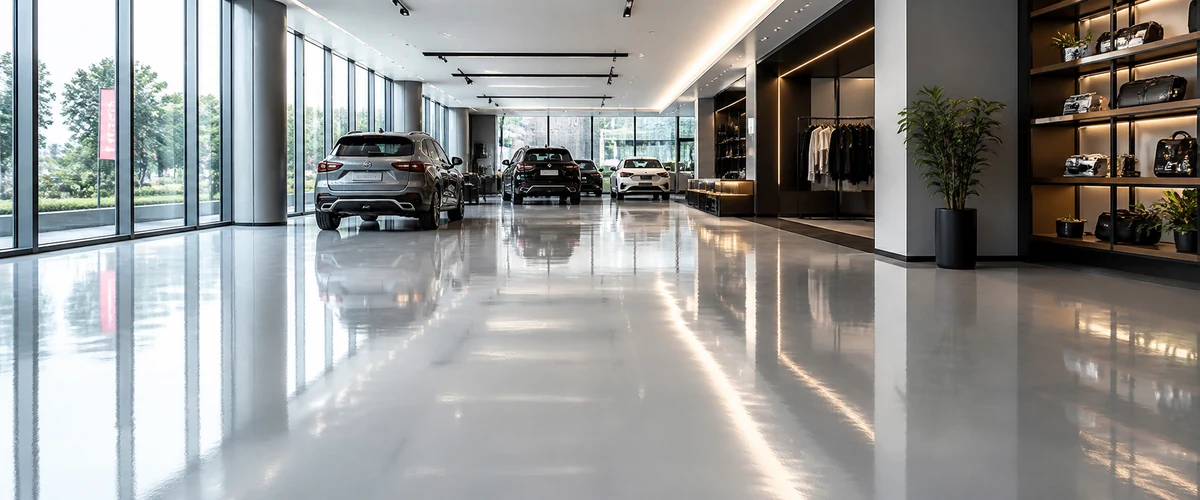 Epoxy lantai showroom dengan tampilan rapi dan daya tahan untuk area retail