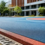 Berapa lama umur coating rubber cushion pada area olahraga kampus?