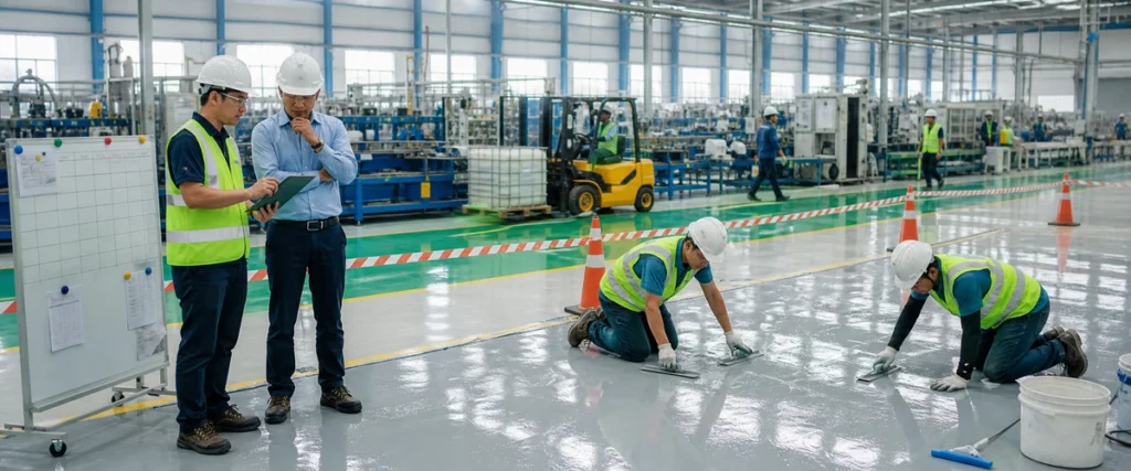 Tim kontraktor epoxy lantai meninjau pabrik yang tetap beroperasi