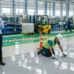 Tim kontraktor epoxy lantai meninjau pabrik yang tetap beroperasi