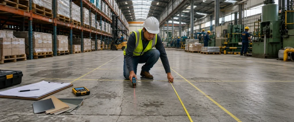 Estimasi epoxy lantai gudang dan pabrik dengan fokus luasan, kondisi existing, dan sistem