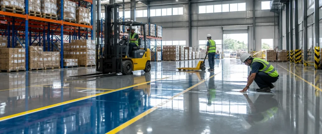Aplikasi epoxy lantai gudang pada jalur forklift dan hand pallet