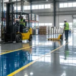 Aplikasi epoxy lantai gudang pada jalur forklift dan hand pallet