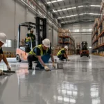 Pekerjaan epoxy lantai di gudang aktif dengan fokus ketahanan traffic