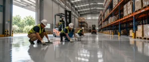 Pekerjaan epoxy lantai di gudang aktif dengan fokus ketahanan traffic