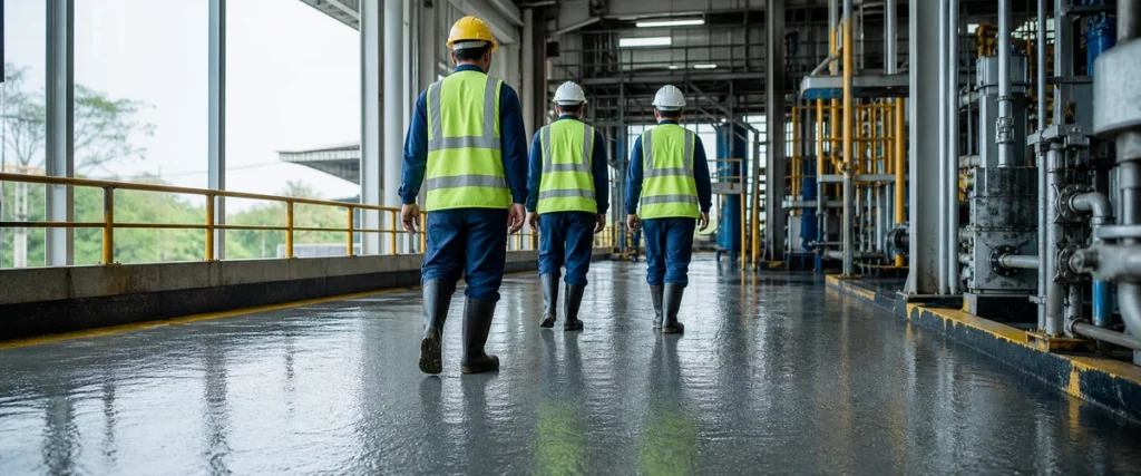 Lantai epoxy anti slip pada area kerja lembap industri
