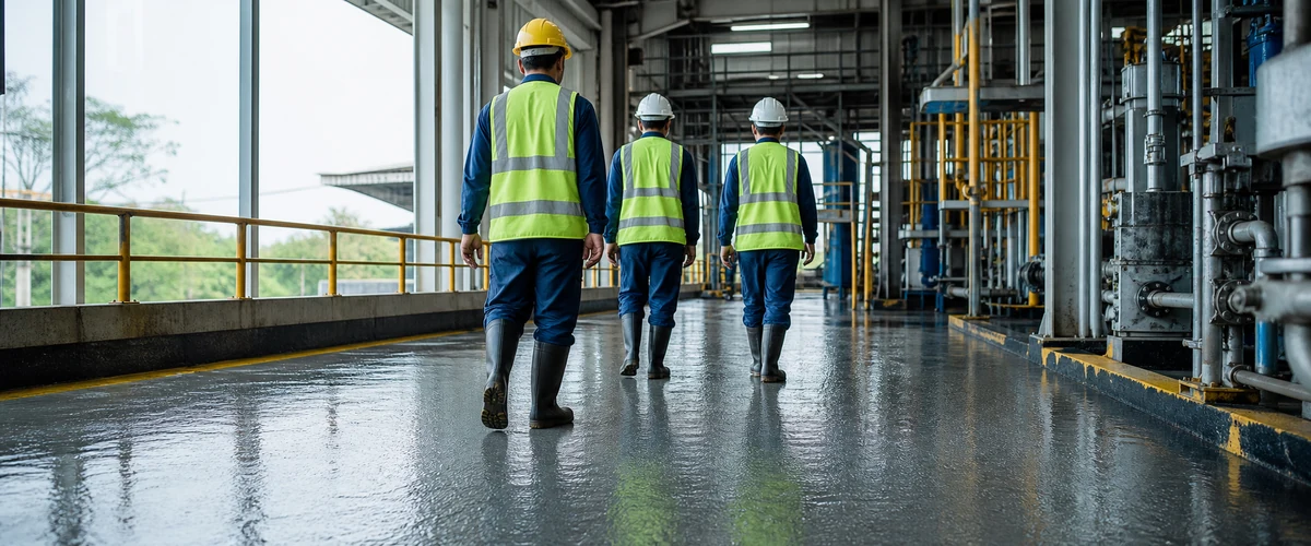 Lantai epoxy anti slip pada area kerja lembap industri