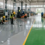 Lantai epoxy pabrik dengan perbedaan zona produksi, packing, dan storage