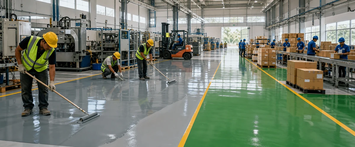 Lantai epoxy pabrik dengan perbedaan zona produksi, packing, dan storage